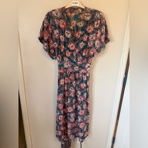 Vintage Teal Floral Midi Day Dress V Neck Retro Pink Purple Lavender Cream 14